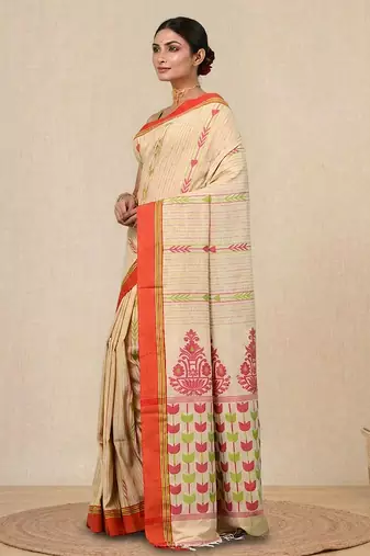 beige geometric pattern cotton blend soft saree