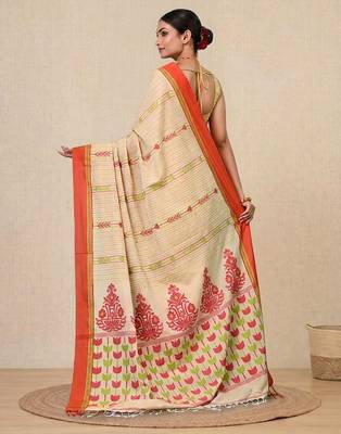 beige geometric pattern cotton blend soft saree 3