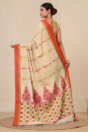beige geometric pattern cotton blend soft saree