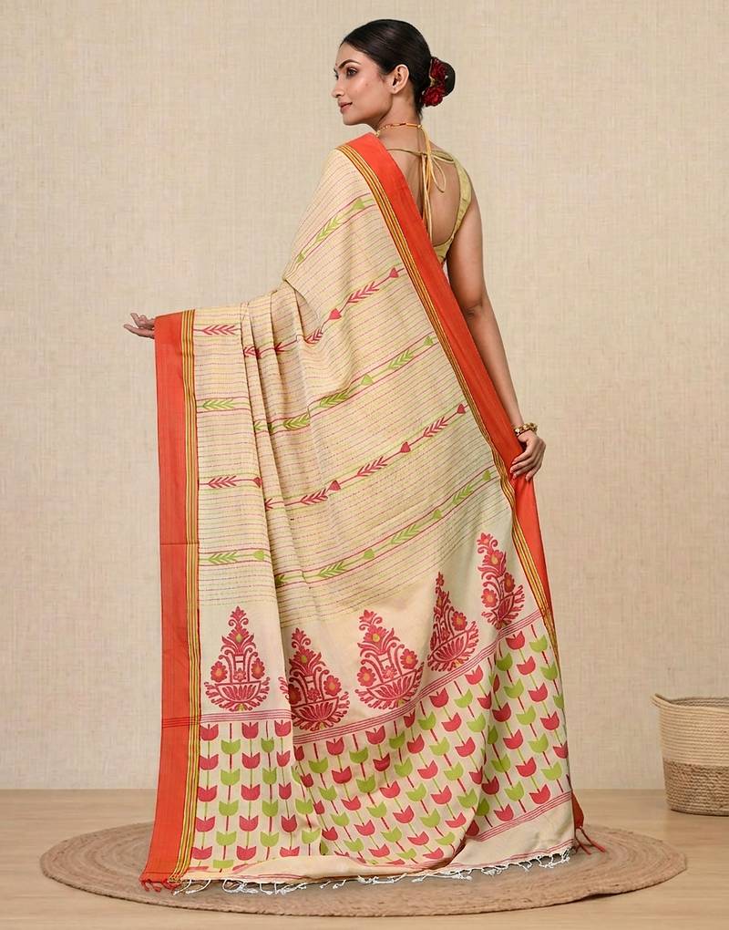 beige geometric pattern cotton blend soft saree