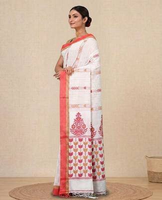 white geometric pattern cotton blend soft saree 1