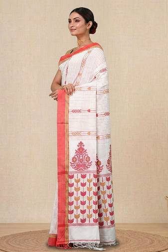 white geometric pattern cotton blend soft saree