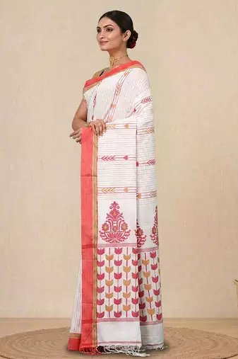 white geometric pattern cotton blend soft saree