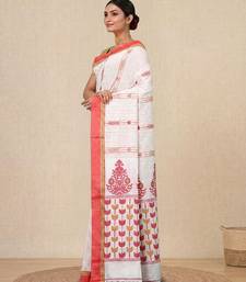 white geometric pattern cotton blend soft saree
