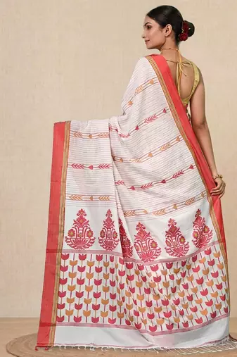 white geometric pattern cotton blend soft saree