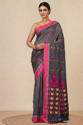 grey geometric pattern cotton blend soft saree