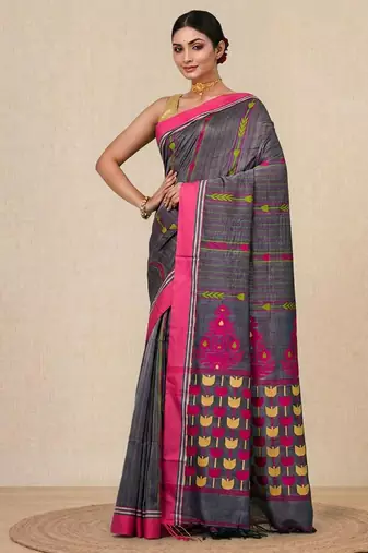 grey geometric pattern cotton blend soft saree