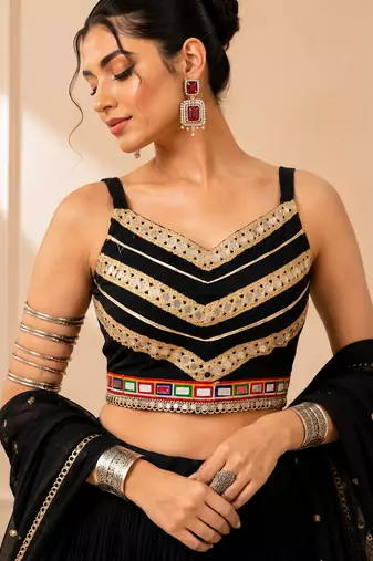 Black Cotton Gamthi Work Lehenga Choli with Georgette Dupatta