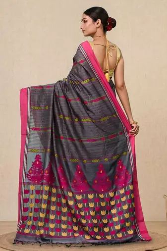 grey geometric pattern cotton blend soft saree