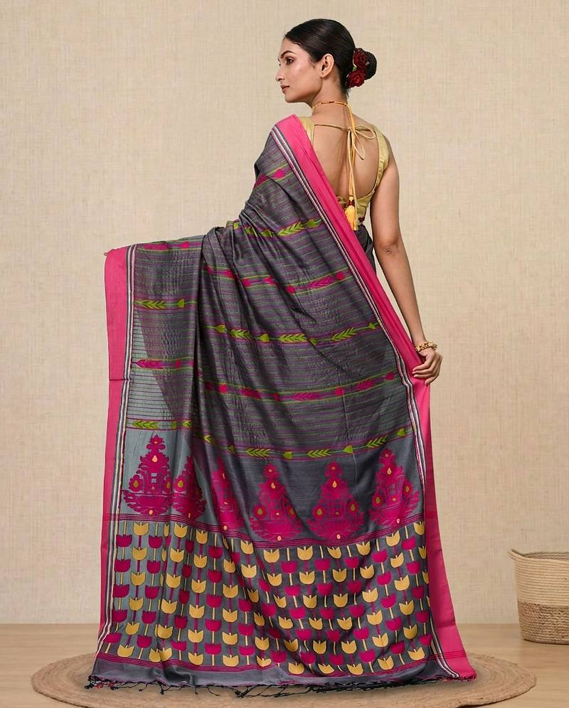 grey geometric pattern cotton blend soft saree