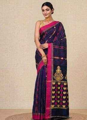 blue geometric pattern cotton blend soft saree 1