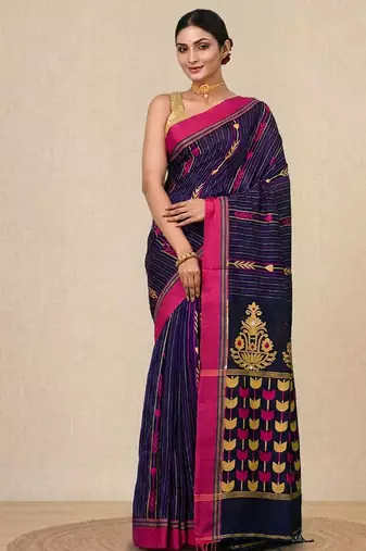 blue geometric pattern cotton blend soft saree