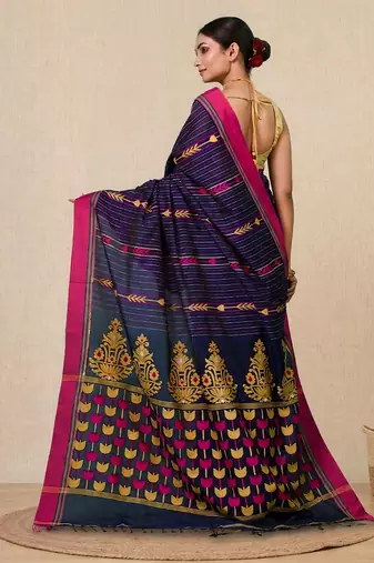 blue geometric pattern cotton blend soft saree