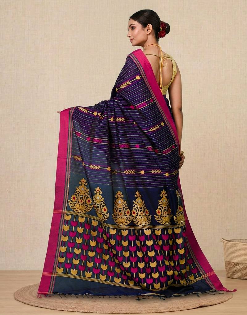 blue geometric pattern cotton blend soft saree