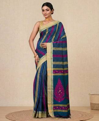 Sapphire blue geometric pattern cotton blend soft saree 1