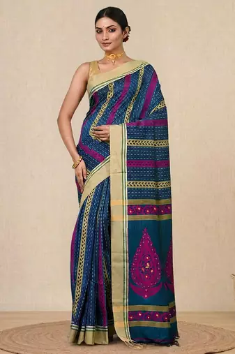 Sapphire blue geometric pattern cotton blend soft saree