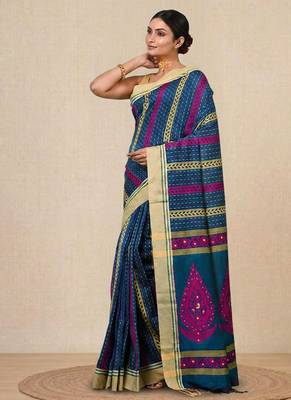 Sapphire blue geometric pattern cotton blend soft saree 2