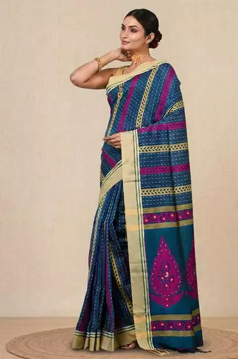 Sapphire blue geometric pattern cotton blend soft saree