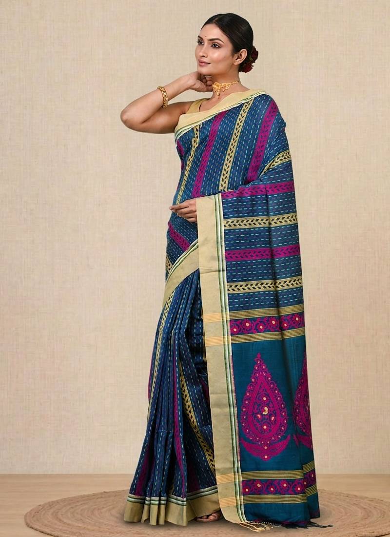 Sapphire blue geometric pattern cotton blend soft saree