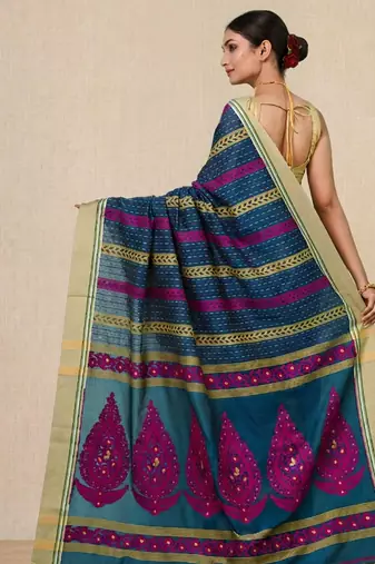 Sapphire blue geometric pattern cotton blend soft saree