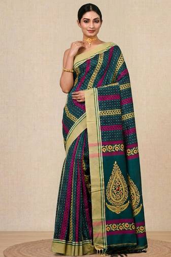 green geometric pattern cotton blend soft saree