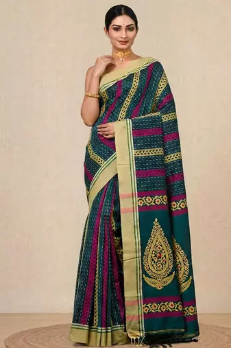 green geometric pattern cotton blend soft saree
