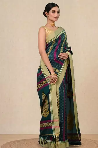 green geometric pattern cotton blend soft saree