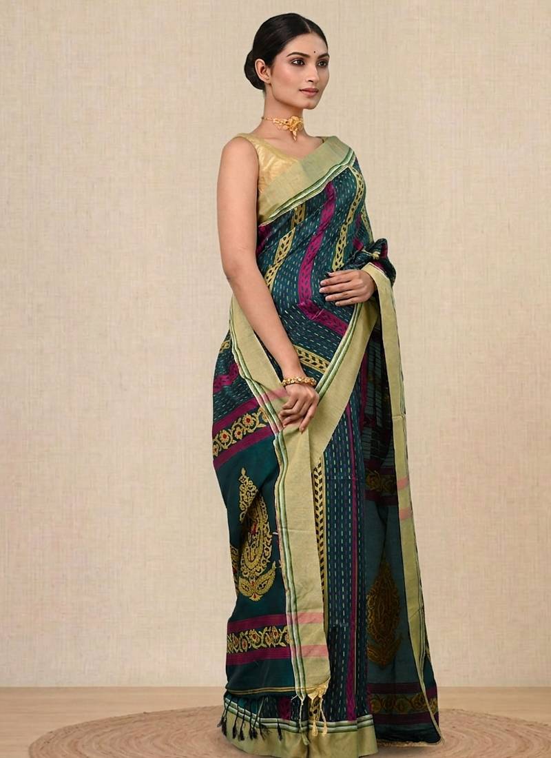 green geometric pattern cotton blend soft saree
