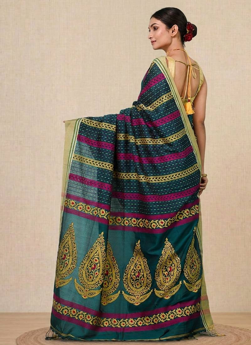 green geometric pattern cotton blend soft saree