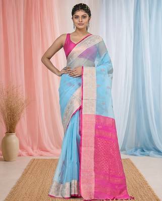 elegant sky blue and pink resham saree with zari border 1