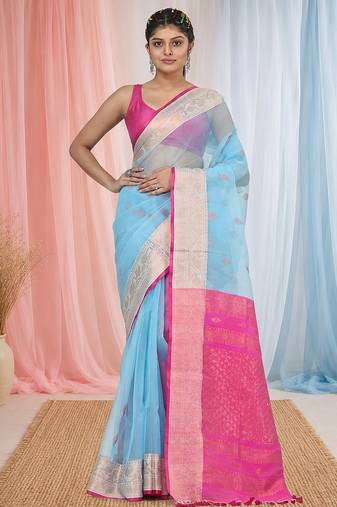 elegant sky blue and pink resham saree with zari border