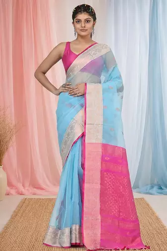 elegant sky blue and pink resham saree with zari border