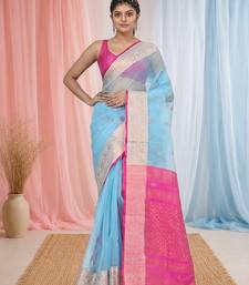 elegant sky blue and pink resham saree with zari border