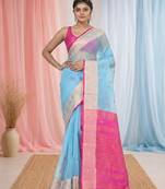 elegant sky blue and pink resham saree with zari border