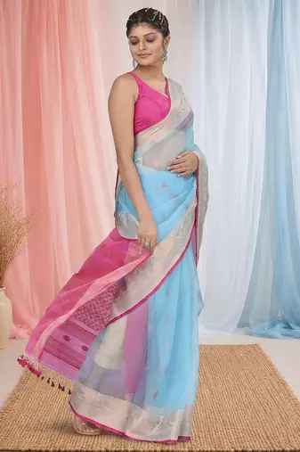 elegant sky blue and pink resham saree with zari border