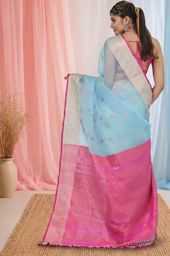 elegant sky blue and pink resham saree with zari border