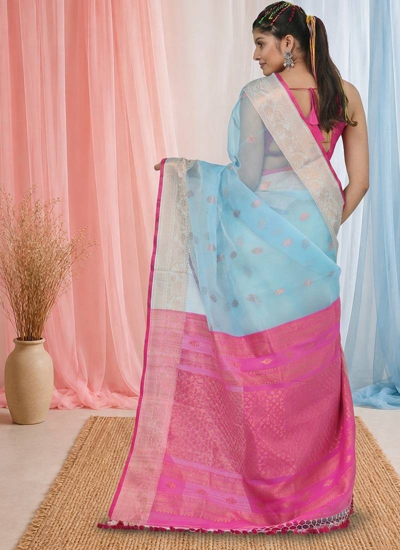elegant sky blue and pink resham saree with zari border