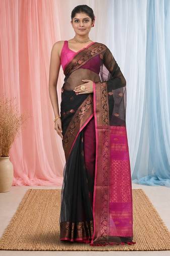 elegant black and magenta resham saree with zari border