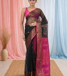 elegant black and magenta resham saree with zari border