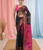 elegant black and magenta resham saree with zari border