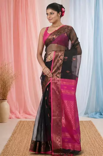 elegant black and magenta resham saree with zari border