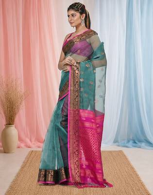 elegant teal and fuchsia resham saree with zari border 2