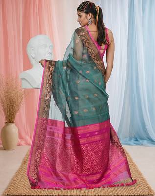 elegant teal and fuchsia resham saree with zari border 3