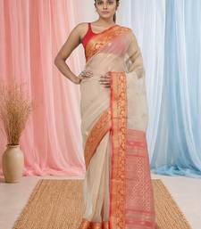 elegant beige and red resham saree with zari border