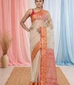 elegant beige and red resham saree with zari border