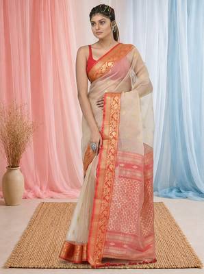 elegant beige and red resham saree with zari border 2