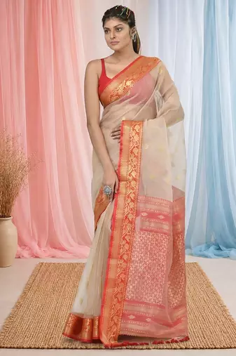 elegant beige and red resham saree with zari border