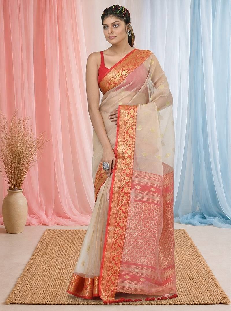 elegant beige and red resham saree with zari border