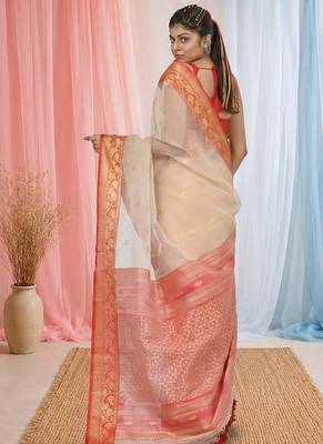 elegant beige and red resham saree with zari border 3