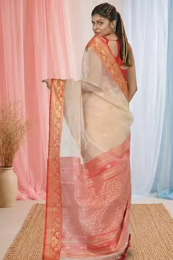 elegant beige and red resham saree with zari border